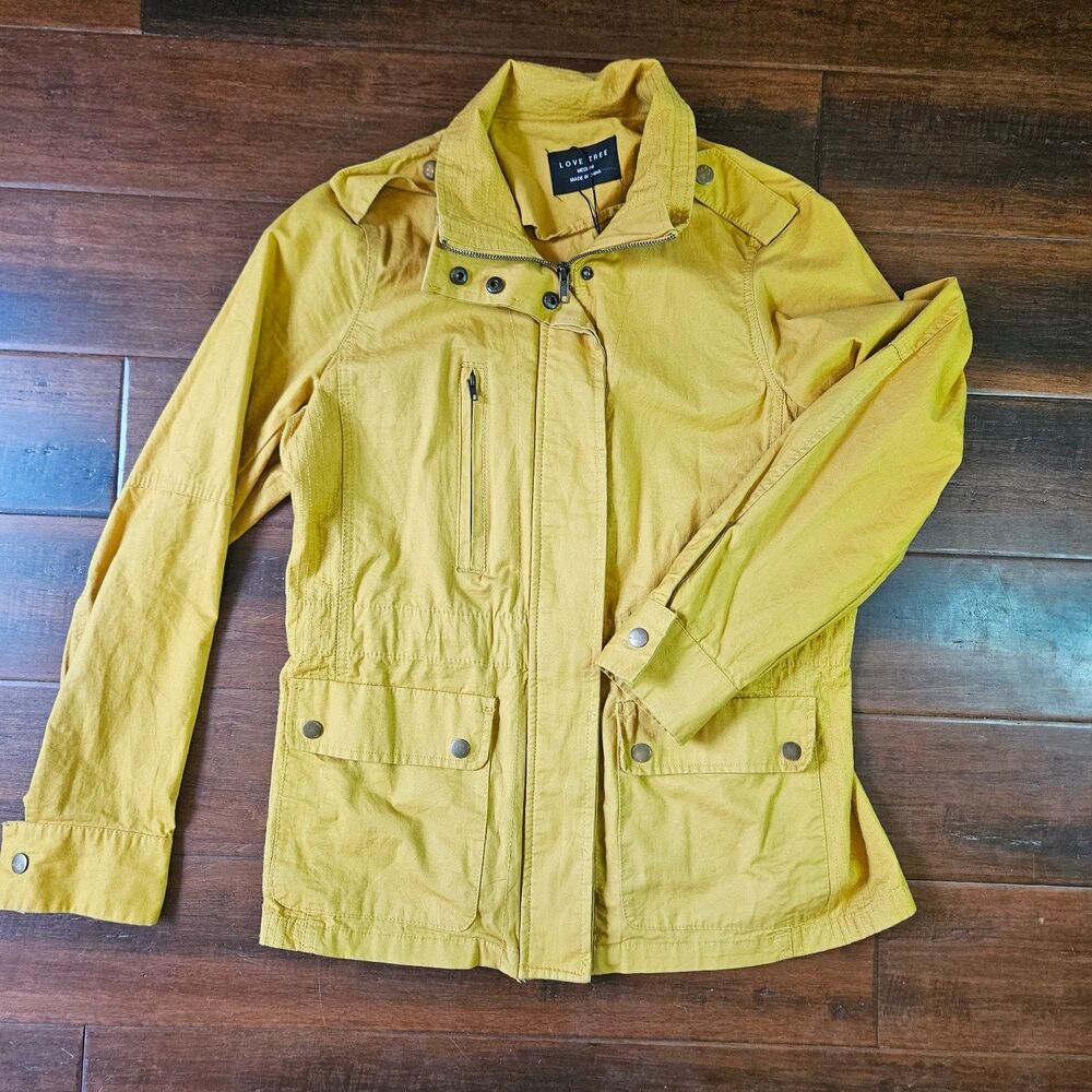 Love Tree Women's Medium Mustard Yellow Utility Jacket Anorak Coat Snap Zip